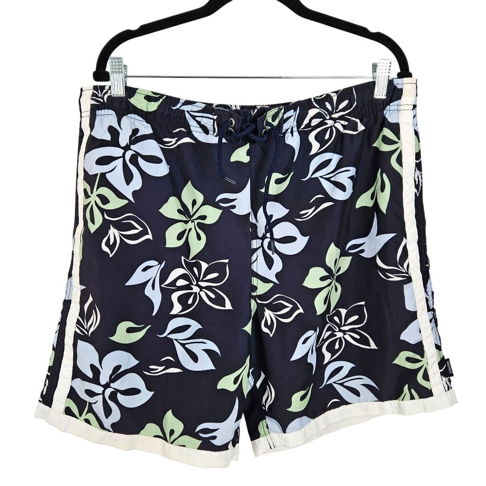 Nautica Mens Size M Floral Tropical Swim Trunks Navy & Green Mesh Lining Beach